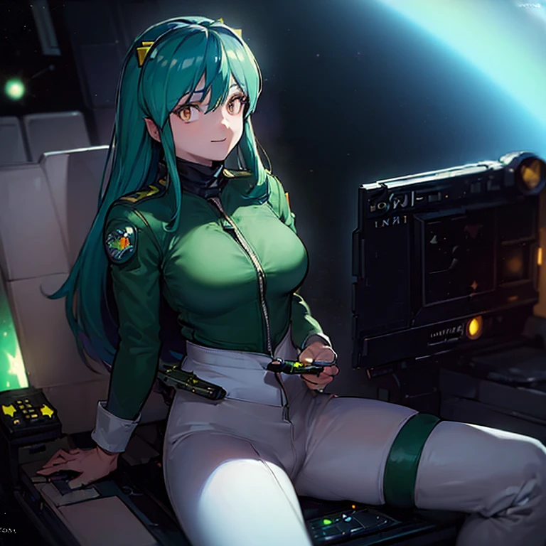 16k,(masterpiece:2),(best quality:2),(realistic),((ultra detailed)),(cinema lighting),(upper body), 2-tone green color long hair, a matured female,(large breasts),(a pilot of a space fighter:2),(((((sitting and taking the joy stick)))),((in white spacesuit)),,(smile),lum,lumlum,horns,,(((in the cockpit of a space fighter))),((((looking forward))),BREAK,(many star lights and the outer space out of the cockpit),