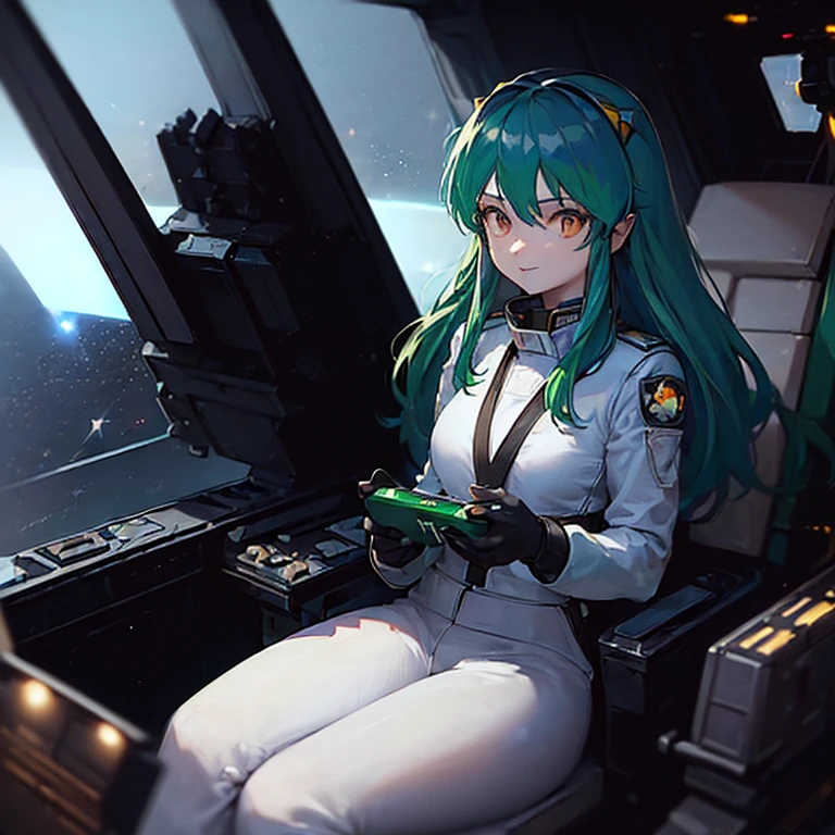 16k,(masterpiece:2),(best quality:2),(realistic),((ultra detailed)),(cinema lighting),(upper body), 2-tone green color long hair, a matured female,(large breasts),(a pilot of a space fighter:2),(((((sitting and taking the joy stick)))),((in white spacesuit)),,(smile),lum,lumlum,horns,,(((in the cockpit of a space fighter))),((((looking forward))),BREAK,(many star lights and the outer space out of the cockpit),