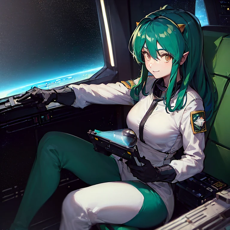 16k,(masterpiece:2),(best quality:2),(realistic),((ultra detailed)),(cinema lighting),(upper body), 2-tone green color long hair, a matured female,(large breasts),(a pilot of a space fighter:2),(((((sitting and taking the joy stick)))),((in white spacesuit)),,(smile),lum,lumlum,horns,,(((in the cockpit of a space fighter))),((((looking forward))),BREAK,(many star lights and the outer space out of the cockpit),