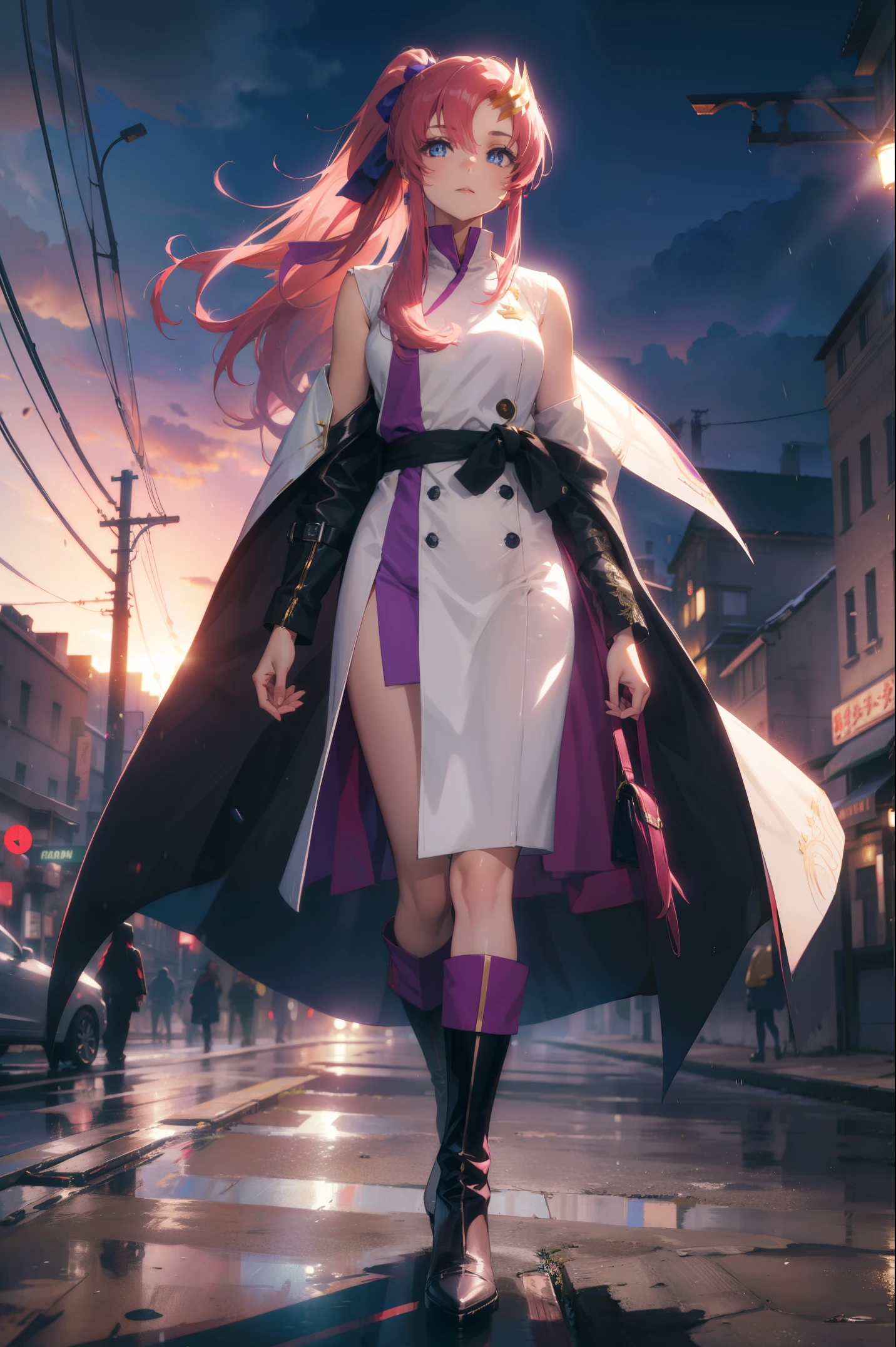 lacusclyne, lacus clyne, blue eyes, hair ornament, long hair, wave hair ornament, pink hair, ponytail, hair ribbon, hair clip,
BREAK ankle boots, black robe, boots, coat, long sleeves, red ribbon, ribbon, robe, sidelocks, sleeveless coat, white coat, white footwear,
BREAK outdoors, city,
BREAK looking at viewer, BREAK (masterpiece:1.2), best quality, high resolution, unity 8k wallpaper, (illustration:0.8), (beautiful detailed eyes:1.6), extremely detailed face, perfect lighting, extremely detailed CG, (perfect hands, perfect anatomy),