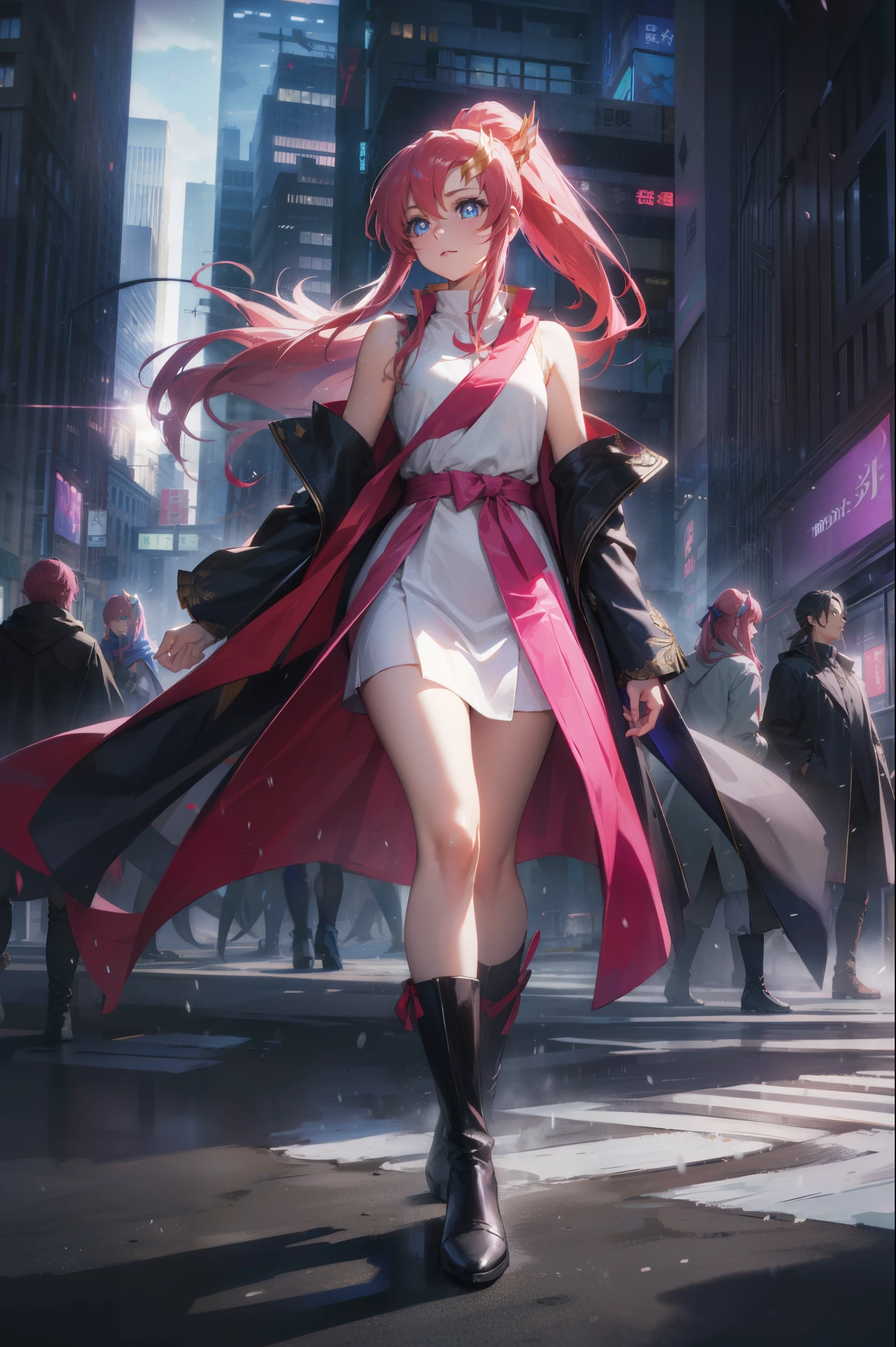 lacusclyne, lacus clyne, blue eyes, hair ornament, long hair, wave hair ornament, pink hair, ponytail, hair ribbon, hair clip,
BREAK ankle boots, black robe, boots, coat, long sleeves, red ribbon, ribbon, robe, sidelocks, sleeveless coat, white coat, white footwear,
BREAK outdoors, city,
BREAK looking at viewer, BREAK (masterpiece:1.2), best quality, high resolution, unity 8k wallpaper, (illustration:0.8), (beautiful detailed eyes:1.6), extremely detailed face, perfect lighting, extremely detailed CG, (perfect hands, perfect anatomy),