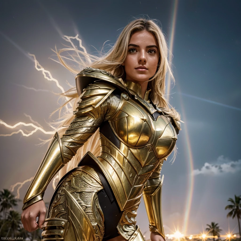 Knight of the Zodiac Aiolia de Leo, gold skull with white cape, attack at the speed of light, Saint Seya, (STYLE OCTANE RENDER!!!), (REALISTIC GOLD texture), realistic hair!!! (shiny gold), (realistic texture:2.0), (HDR:1.2), (4K), BLOND HAIR LONG, tiro de fully body!!!, camera low, Super detailed COSTUME ( GOLDEN ARMOR), adorned with shiny stones, (GODDESS ARMOIRY ARMOR!) costume with precious stones, wide shoulder pads, nordic woman!, rosto angelical, symmetrical face, seduce, defined muscular thighs, MAJESTY THRONE ROOM, fully body, mostre as flegs de calcinha dourada brilhante relusente, sensual blue eyes, WHITE thighs, flegs, red mouth, small eyes, fine nose, (Nordic ethnicity), (muscular girl!), (STRONG GIRL!), Caucasian skin, 25 year old girl skin clean, Caucasian skin, skin clean, (perfects eyes!), hot girl, very white skin, bee, flickering lights, SPLASH, ((RAINDROPS!!!!)) (LENS FLARE!), (RAINBOW!), (RAIN:1), (STORM!), (SUPER STORM!!!), (GRAIN), (Wet texture!), (powerfull girl!!!), ((blonde eyebrows!!!))