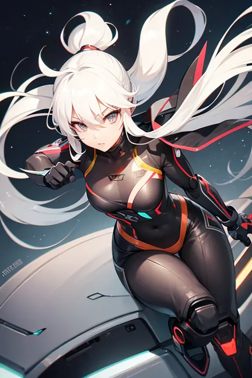 female robot with white long hair, combat power, mechanical sense, single ponytail motorcycle