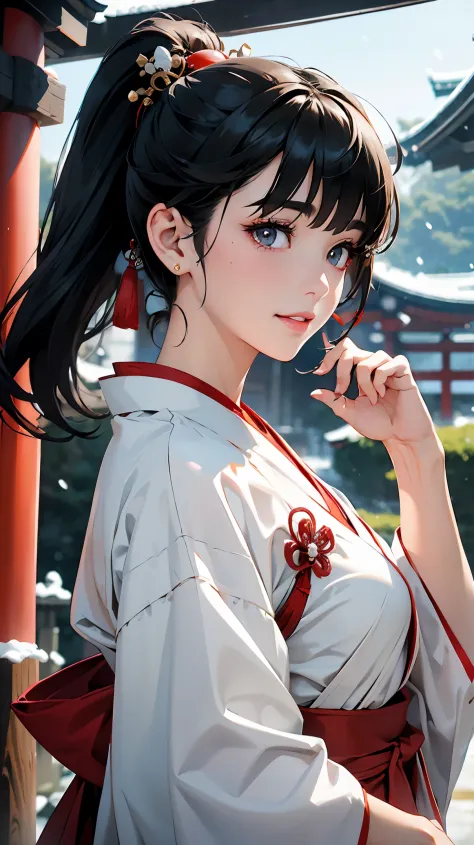 masterpiece、High resolution 8K、NSFW、sharp focus、contrast lighting、fine skin、 highest quality、ultra high resolution、ultra high resolution、Detailed CG、it&#39;s snowing、Former shrine of Japan、temple、Landscape with shrine torii gate、Low - Angle、full body shot、...