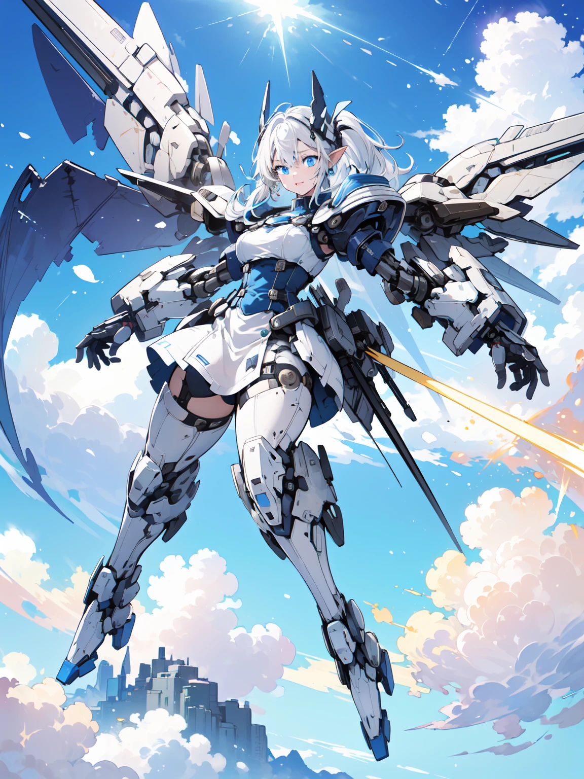 (masterpiece, highest quality, wonderful, very detailedティッカーユニティ、8k wallpaper, written boundary depth, Ultra-thin illustration:1.5)、3D, very detailed, (whole body、Mecha elf girl:1.3), sci-fi battlefield, Hawken, smile, open your mouth, short ponytail hair, (white blonde hair, deep blue eyes:1.2), sparkling eyes, cute顔, cute, big breasts, delicate hair, messy hair, (((Flying high in the sky))、blue sky, White cloud), shiny hair, shiny skin, (Symmetrical mechanical winetallic colored mechanical wings that are widely expanded to the left and right so that they protrude wonderfully from the screen, headgear, white hair ornament), (particles of light, cinematic lighting: 1.3), (pale pink lips: 0.8), by Yusuke Murata.