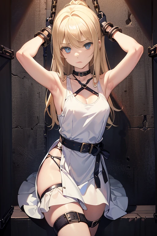 ((masterpiece)), ((best quality)), (ultra-detailed), NSFW, ((torture chamber)),(torture),(((single narrow belt strongly bound waist))),a cute girl, 1girl, solo, (white mini tanktop dress),(chain bound arms), (both hands are bound and is hung from the ceiling),((thin waist)),((bdsm)),beautiful blonde hair, beautiful blue eyes, (beautiful eyes), long hair,troubled expression