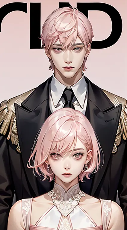 1boy, ((light pink hair color)) , short hair, black clothes, (light pink eyes color)、Unparalleled beauty,face perfect、、Magazine ...