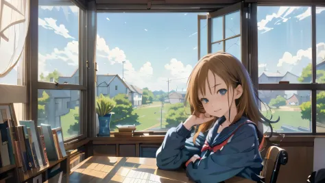 anime girl sitting at desk with books and books, lofi portrait at a window, anime countryside, lofi girl, anime backgrounds art,...