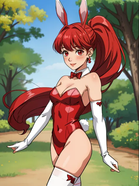 kasumi, red hair, pony tail, red eyes ,1girl, solo, small breasts, ,earrings glossy lips ,looking at viewer, blush, large breasts, nature, pond, trees, park, long white elbow satin gloves, holding, animal ears, cleavage, bare shoulders, jewelry, very l, ge...