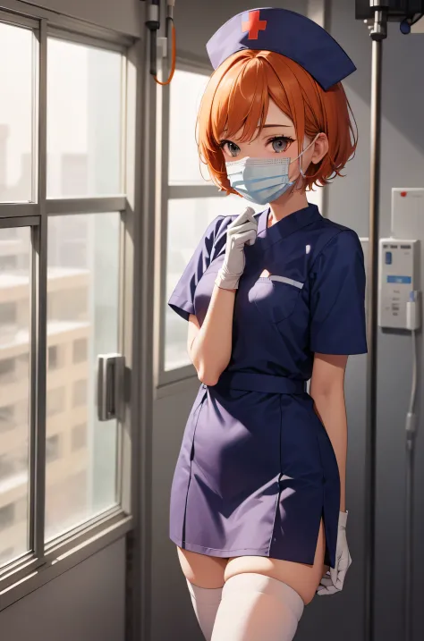 1 girl, alone, nurse, nurse cap, Whiteware, ((white legwear, zettai ryouiki)), white gloves, very short hair, orange hair, ((Whi...