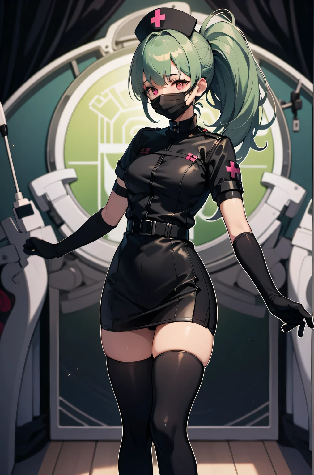 black nurse, 1 girl, alone, black nurse cap, Black Wear, ((black legwear, zettai ryouiki)), black elbow gloves, ponytail, green hair, pink eyes, ((Black surgical mask, Covered nose)), Are standing, ((operating room)), sharp outline, short sleeve, highest quality, masterpiece