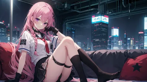 a girl，alone，long pink hair，Moderate，Smile，medium long hair，messy hair，White short sleeves，White short sleeves游戏服，black skirt，black underwear，black gloves，cyberpunk character,night, night city background，digital punk, anime style 4k, Sitting on the sofa，in...