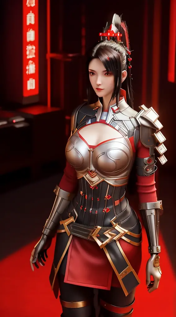 sywzwangyuanyuan,1girl, armor,cityscape, night, looking at viewer, mature female, red eyes,high ponytail, hair ornament, red shi...