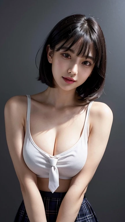 超高解像度, 最高の, 8K, 現実的, 女子高生, とても , カメラを見つめる,巨乳, セクシーな見た目, 胸の谷間を作るために腕の間に, 胸を近づける, 美しい鎖骨, 美しいへそ, 笑顔, 笑顔, 光沢, 大きな目, 学生のハイライト, 二重まぶた, まつげ, 長い首, ショートヘア,ボーイッシュ,光沢y dark black hair, 前髪, attractive 前髪, beautiful 前髪, 純白で空白の背景, 耳を突き出す, ユニフォーム,ネクタイ,butterfly ネクタイ, チェックスカート, 皮脂, 光沢 on lips