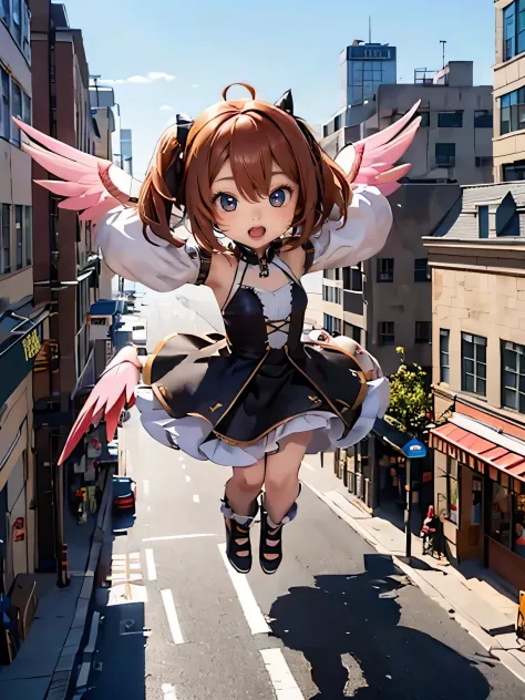 (female android), chibi-style, drooping eyes, realistic skin, flying, aerial angle from below, on the street downtown,