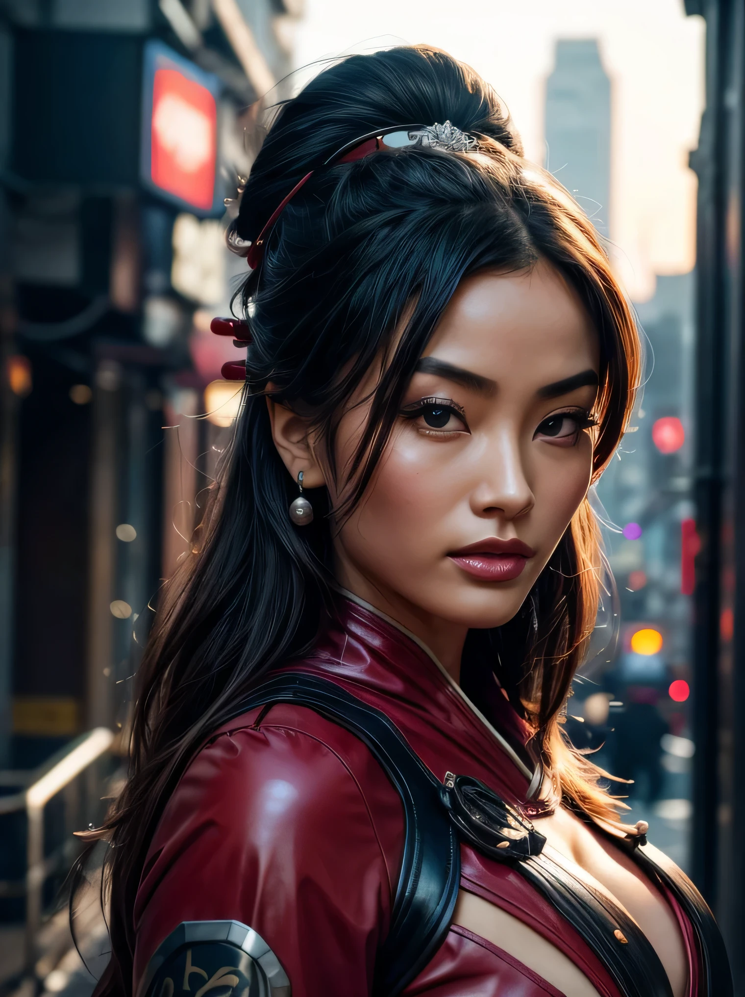 From below, a gorgeous asian woman, age 23, bun and wavy hair, she's a men magazine model, She has a subtle smile and flirts with the camera, (she's in the street of a futuristic cyberpunk city at night), (she’s wears a Victorian cyberpunk geisha red leather suit covering her chest:1.2), perfect eyes, perfect hands, perfect body, perfect hair, perfect breast, hair behind ear, UHD, retina, masterpiece, accurate, anatomically correct, textured skin, super detail, high details, high quality, award winning, best quality, highres, 16k, 8k, cinematic lighting