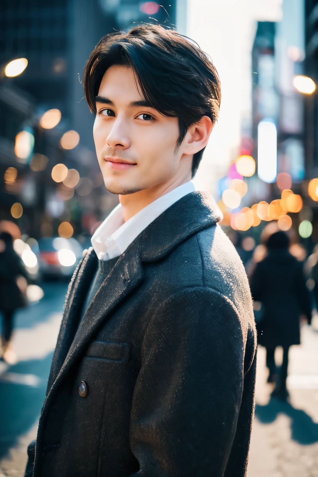 Fotorrealístico, Retrato de corpo inteiro em 8K, um lindo, Um homem, Uma expressão encantadora, detalhes detalhados do rosto, TÓQUIO Outubro, Invernos, Shibuya ao fundo