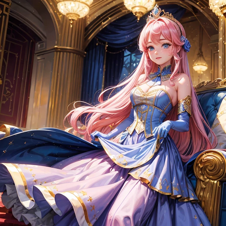 Best quality, Masterpiece, a stunningly beautiful Greer Grammer as a royal wearing a stately and elaborat  an hourglass waist and a voluminous crinoline hoopskirt,  pink hair tied with bangs at the front, blue eyes, wearing a violet dress with shiny, wearing satin gloves, keeping her hands together in an elegant  and carries a crown of counts on her head