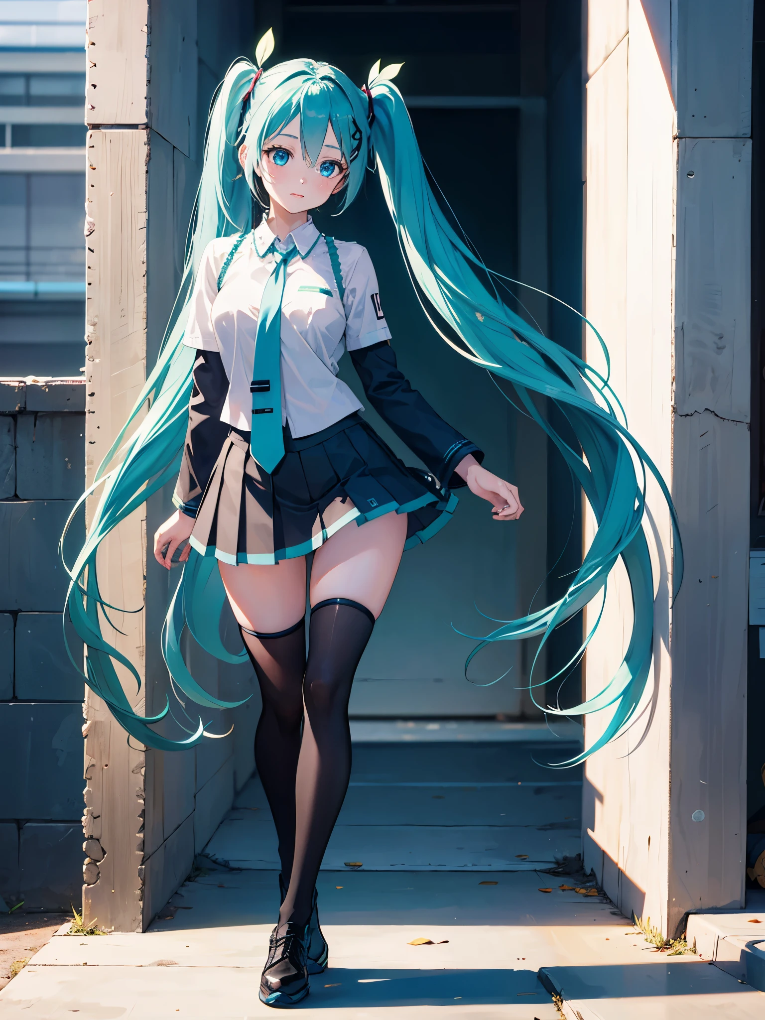 (1 girl),(high quality), (High resolution), (extremely detailed), (8K),(lower body shot),(Hatsune Miku is wearing panties under her school&#39;s translucent uniform and dark blue short pleated skirt.),(wearing black knee-high stockings)not wearing shoes,perfect writing,(Beautifully erect nipple shape:1.2),High resolutionの美しい目,(neutral white lighting:1.2),Dancing in another world with strong winds