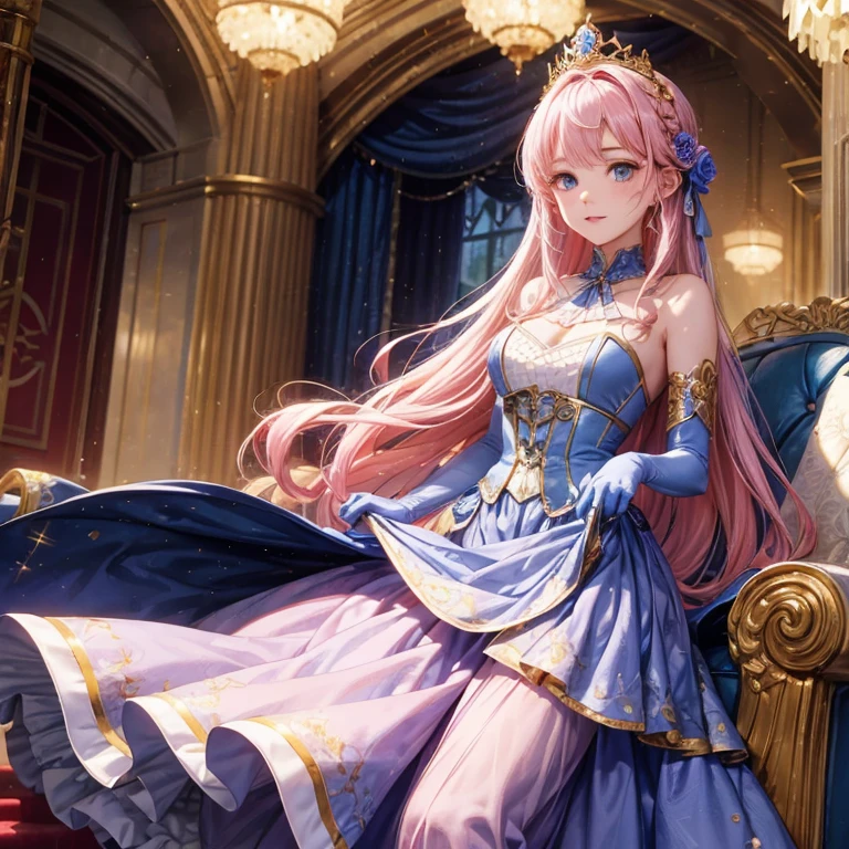 Holding a flower in your hand、pink hair tied with bangs at the front, blue eyes, wearing a violet dress with shiny dots on the salon wearing satin gloves, keeping her hands together in an elegant pose, has touches of gold and carries a crown of counts on her head