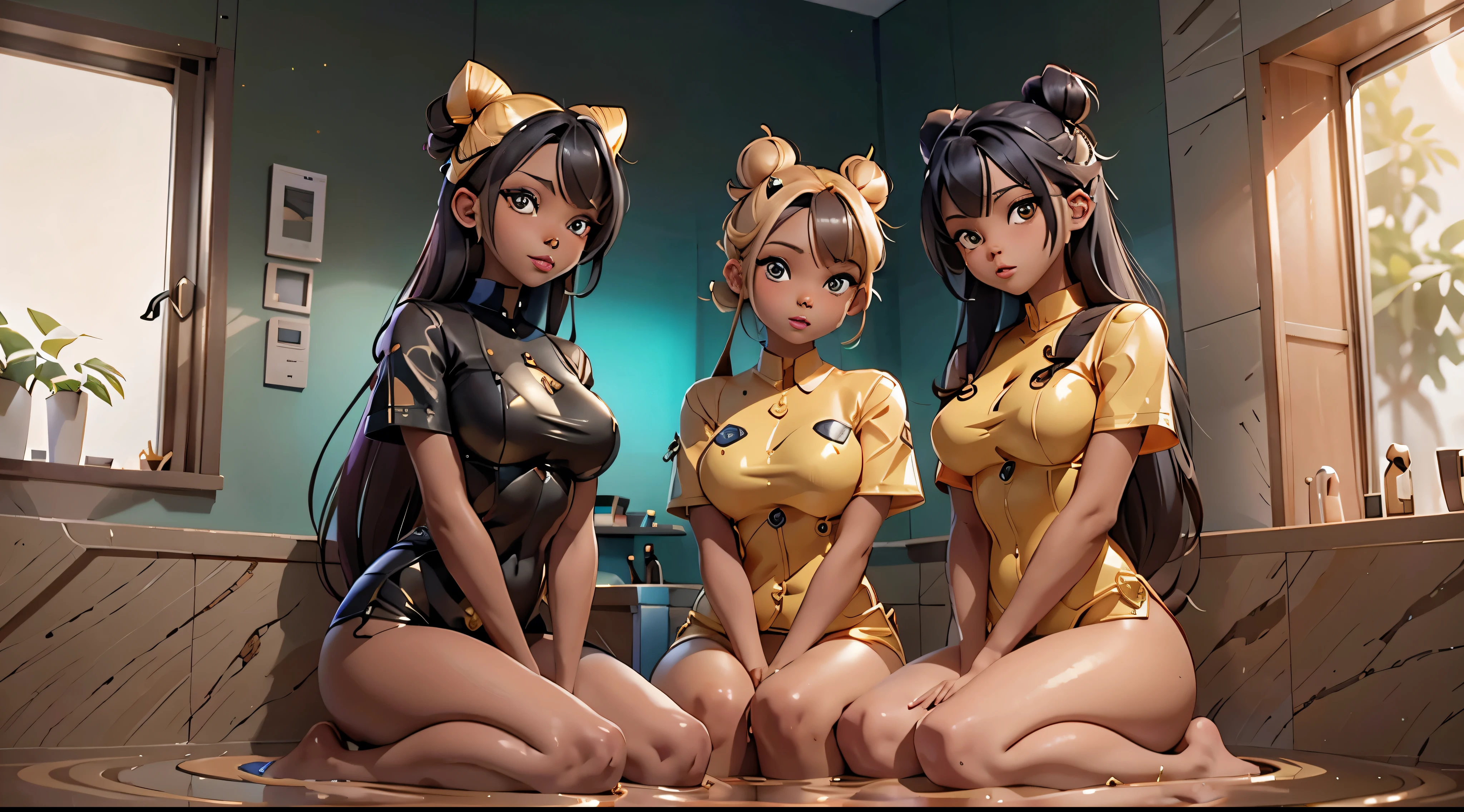 three black women sitting in a bathtub with their hair in buns, loish art style, loish |, stunning art style, afrofuturism anime, full art illustration, rossdraws | afrofuturism, featured art, shining golden hour, bathed in golden light, golden hour, published art, dark-skinned, cute art style, official art