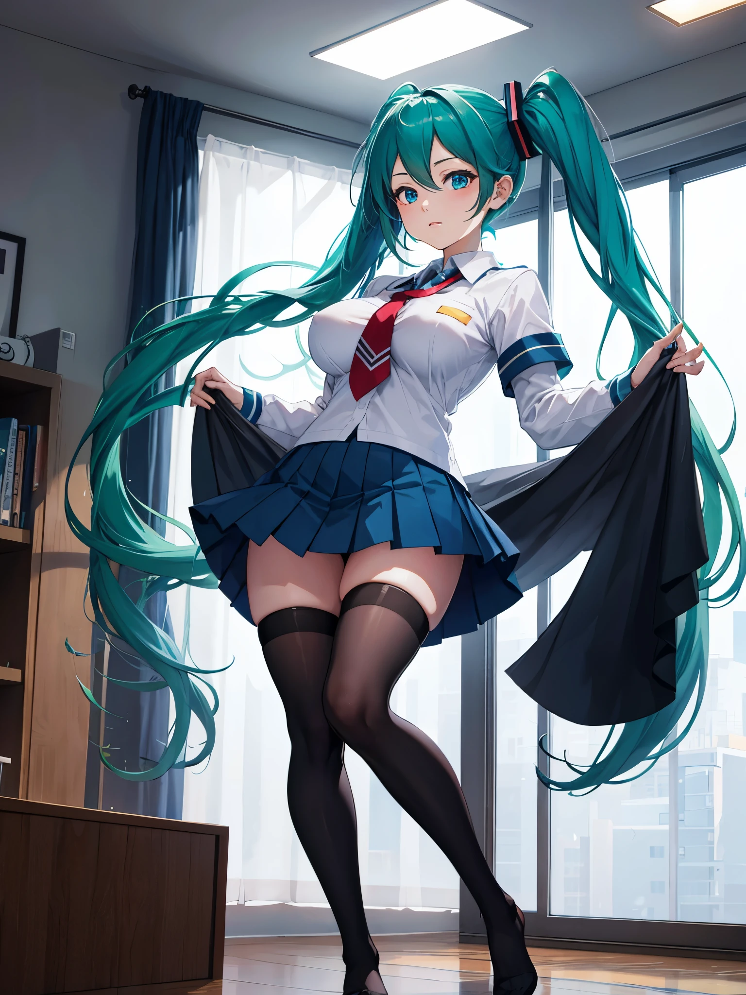 (1 girl),(high quality), (High resolution), (extremely detailed), (8K),(lower body shot),(Hatsune Miku is wearing panties under her school uniform and dark blue short pleated skirt.),(wearing black knee-high stockings)not wearing shoes,perfect writing,(Beautifully erect nipple shape:1.2),High resolutionの美しい目,(neutral white lighting:1.2),Dancing in another world with strong winds