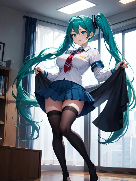 (1 girl),(high quality), (High resolution), (extremely detailed), (8K),(lower body shot),(Hatsune Miku is wearing panties under ...