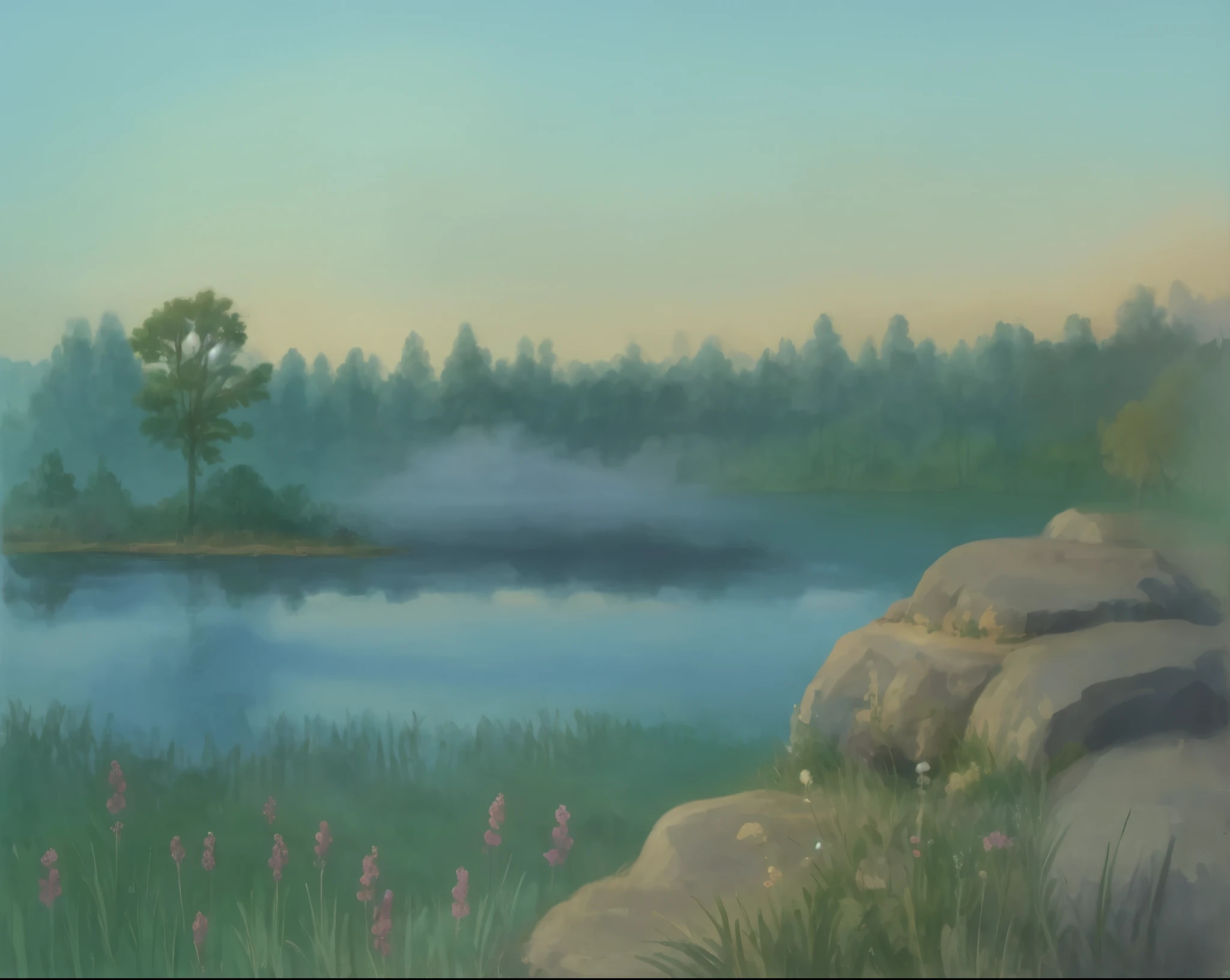((Oil painting 1,2)), evening time, a field with purple flowers in the foreground, fog over a lake, a large stone, a bush with small leaves, very detailed, ((strokes of paint)), (splashes of paint), atmospheric lighting, (impressionist style), (paint strokes visible), artstation trend, deep color, (paint texture), lake painting with tree and stone in the foreground, painted landscape, background image, landscape illustration, Digital painting, Detailed lake in the background plan, Swamp landscape, Gouache matte painting, digital landscape art, Little lake, nature painting, near a Little lake, landscape background, inspired by Isaac Levitan, inspired by Eero Järnefelt, Art station landscape
