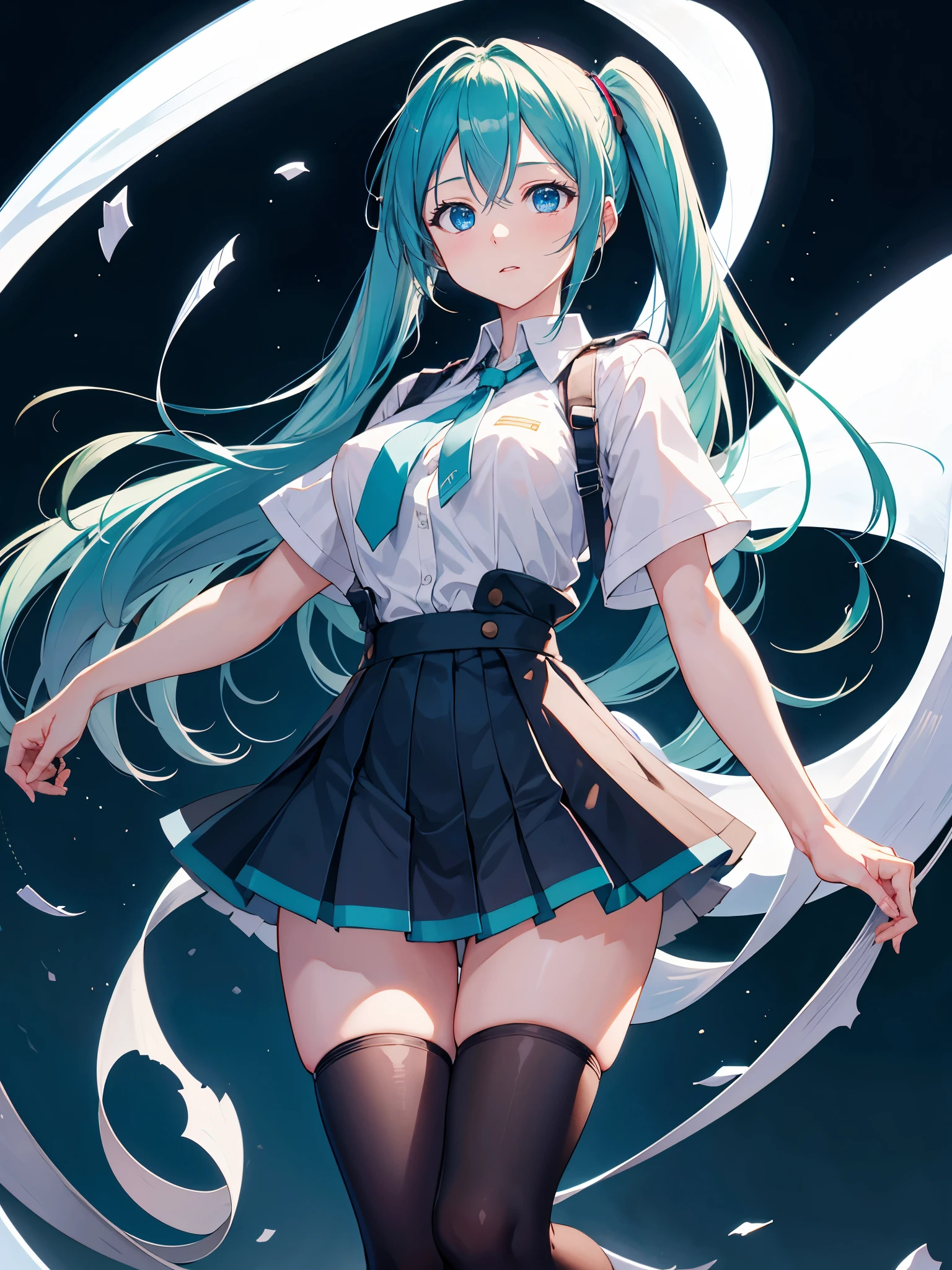 (1 girl),(high quality), (High resolution), (extremely detailed), (8K),(lower body shot),(Hatsune Miku is wearing panties under her school uniform and dark blue short pleated skirt.),(wearing black knee-high stockings)not wearing shoes,perfect writing,(Beautifully erect nipple shape:1.2),High resolutionの美しい目,(neutral white lighting:1.2),Dancing in another world with strong winds