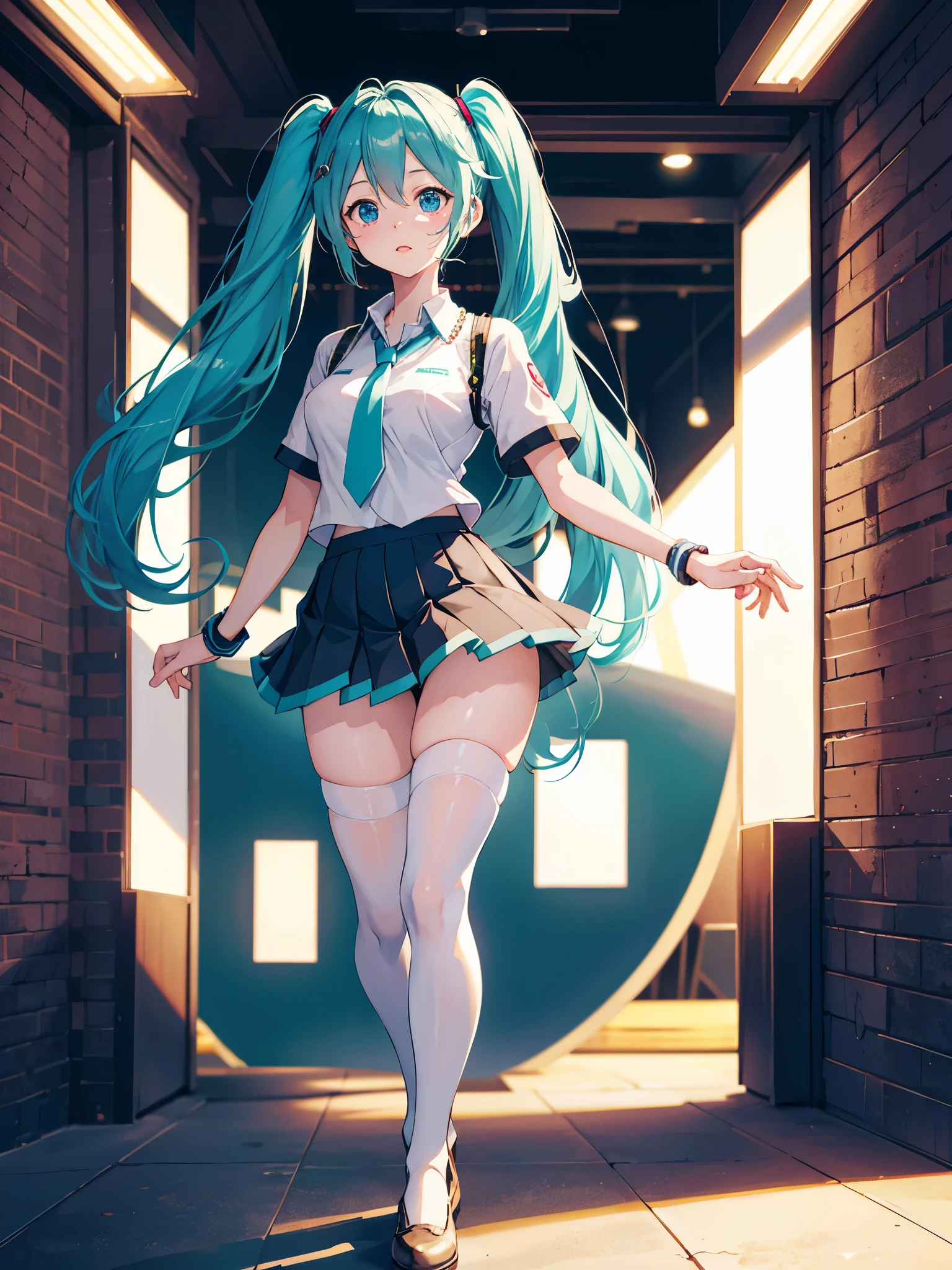 (1 garota),(alta qualidade), (Alta resolução), (extremamente detalhado), (8K),(tiro na parte inferior do corpo),(Hatsune Miku está usando calcinha por baixo do uniforme escolar transparente e saia curta plissada azul marinho.),(usando meias pretas até o joelho)não usar sapatos,escrita perfeita,(Formato de mamilo lindamente ereto:1.2),Alta resoluçãoの美しい目,(iluminação branca neutra:1.2),Dançando em outro mundo com ventos fortes