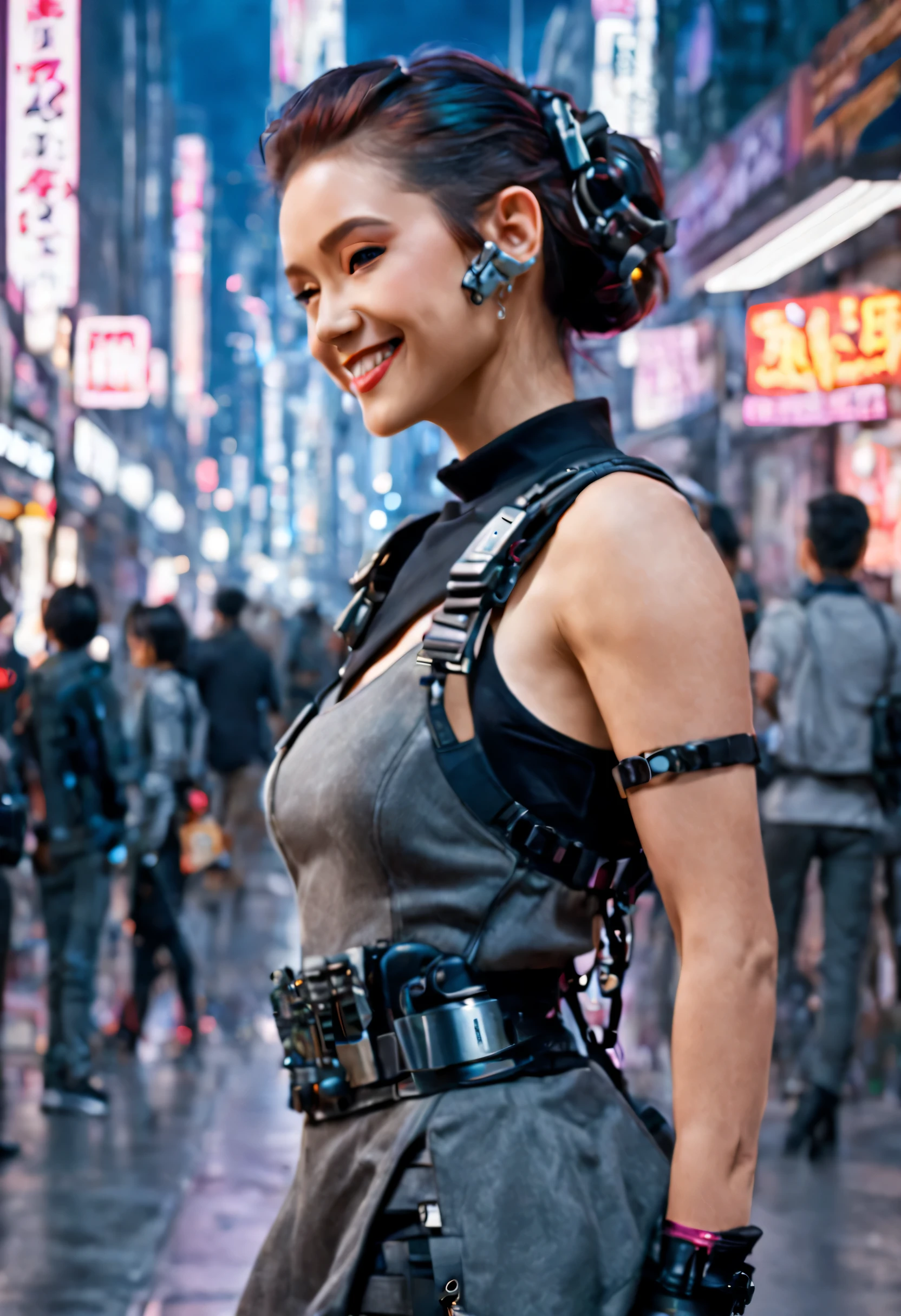 Obra maestra, mejor calidad, ((sonriente)) chicas agachadas cyberpunk, Vista lateral, teniendo uniforme gris y falda larga negra, Arnés corporal cyberpunk inspirado en Harajuku, colores y patrones atrevidos, accesorios llamativos, peinado moderno e innovador, deslumbrante paisaje urbano Cyberpunk, rascacielos, letreros de neón brillantes, Luces led, ilustración animada, textura de piel detallada, textura de tela detallada, hermoso rostro detallado, detalles intrincados, Ultra detallado, iluminación cinematográfica, fuerte contraste.