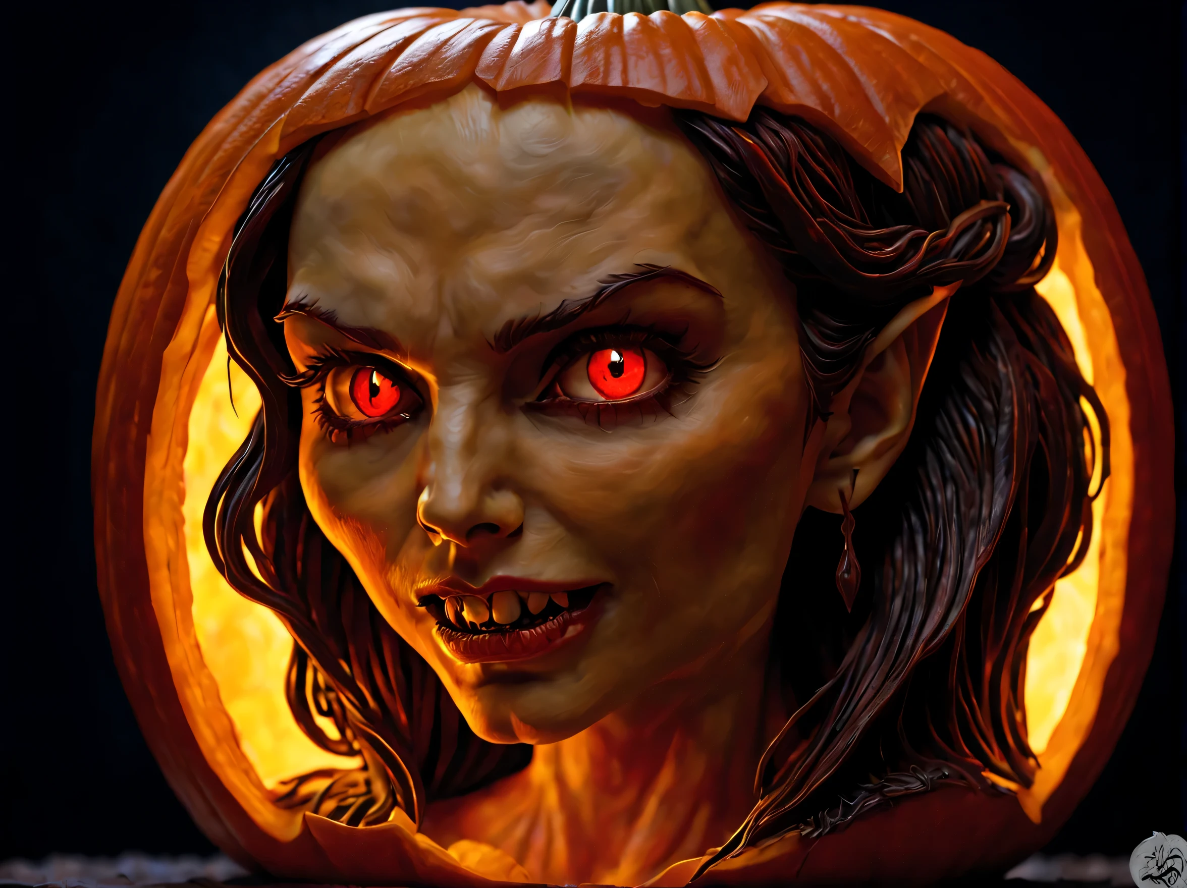 Pumpkin carved art of female vampire carved from pumpkin, glowing red eyes, reflection light, high details, best quality, 16k, [ultra detailed], masterpiece, best quality, (extremely detailed), close up, ultra wide shot, photorealistic, RAW, fantasy art, dnd art, fantasy art, realistic art,((best quality)), ((masterpiece)), (detailed), perfect face