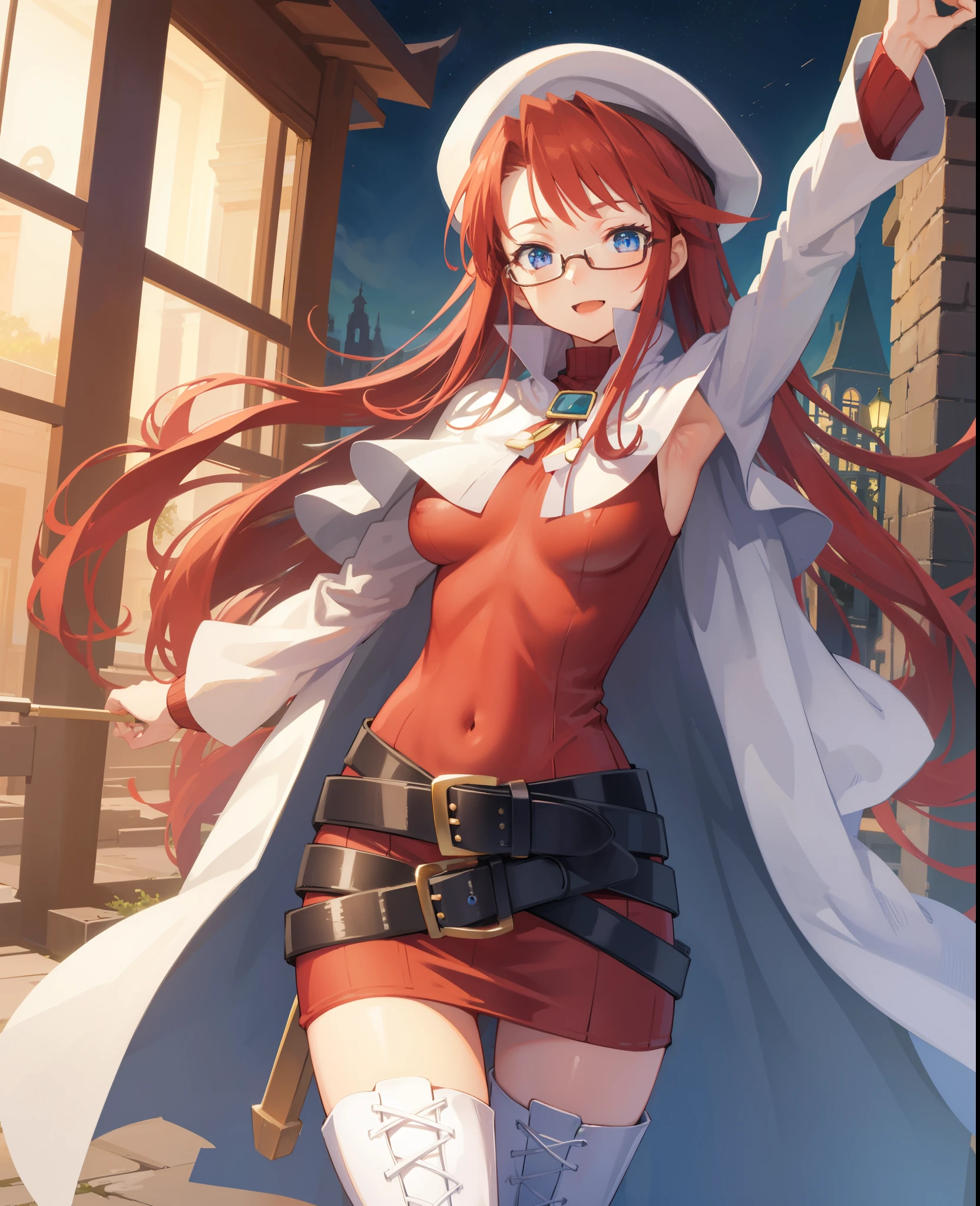 summonnightaty, aty, long hair, blue eyes, red hair, beret, hat, glasses,
BREAK long hair, thighhighs, hat, dress, boots, glasses, belt, cape, sweater, zettai ryouiki, beret, thigh boots, white footwear, ribbed sweater, loose belt,solo,
BREAK outdoors, fantasy_town,
BREAK (masterpiece:1.2), best quality, high resolution, unity 8k wallpaper, (illustration:0.8), (beautiful detailed eyes:1.6), extremely detailed face, perfect lighting, extremely detailed CG, (perfect hands, perfect anatomy),(covered_nipples:1.3),covered_navel,light_smile,dynamic_posing ,walking,(half_eyes:1.2),light_open_mouth,sword,armpit