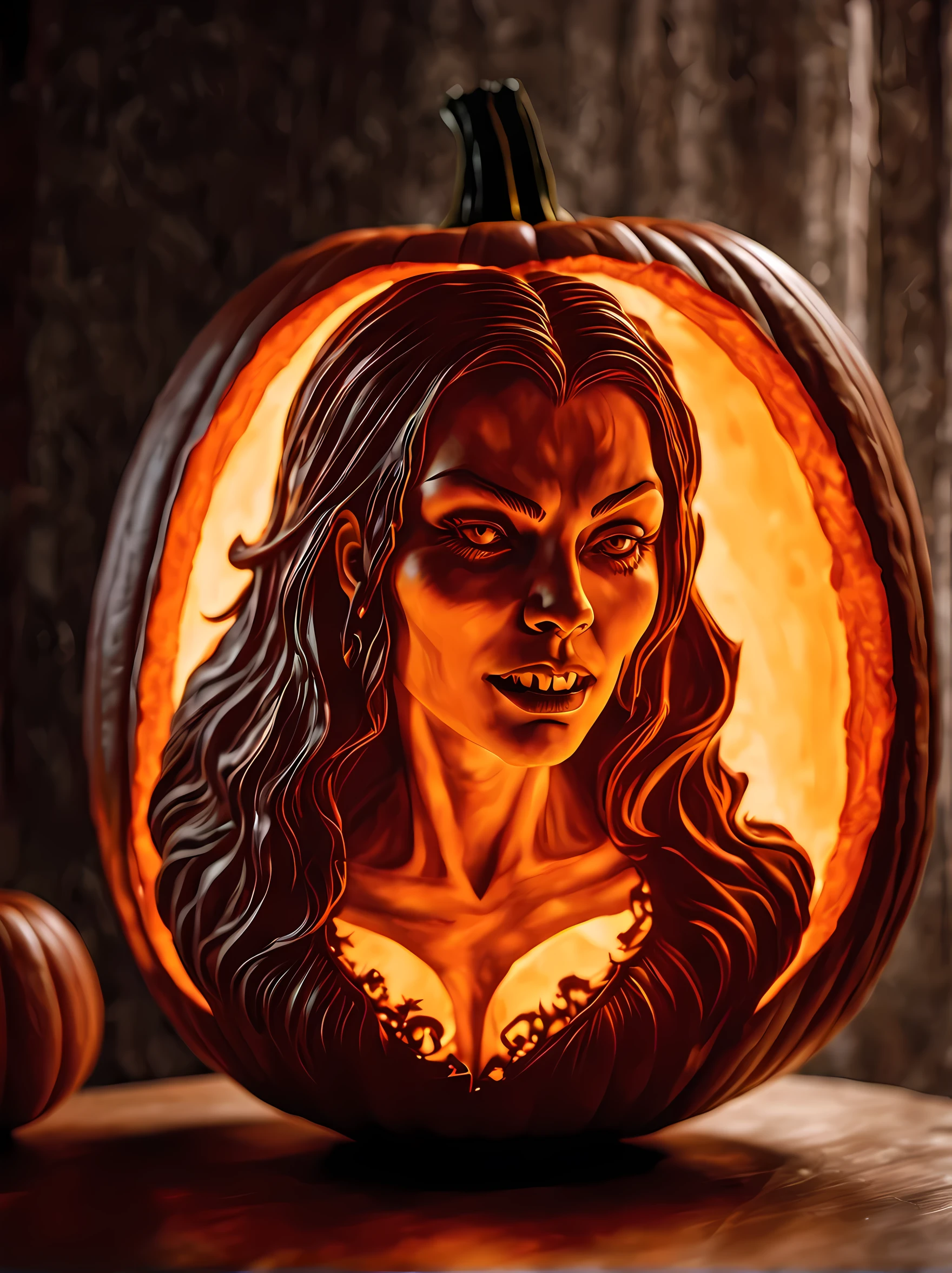 Pumpkin carved art of female vampire carved from pumpkin, glowing red eyes, reflection light, high details, best quality, 16k, [ultra detailed], masterpiece, best quality, (extremely detailed), close up, ultra wide shot, photorealistic, RAW, fantasy art, dnd art, fantasy art, realistic art,((best quality)), ((masterpiece)), (detailed), perfect face