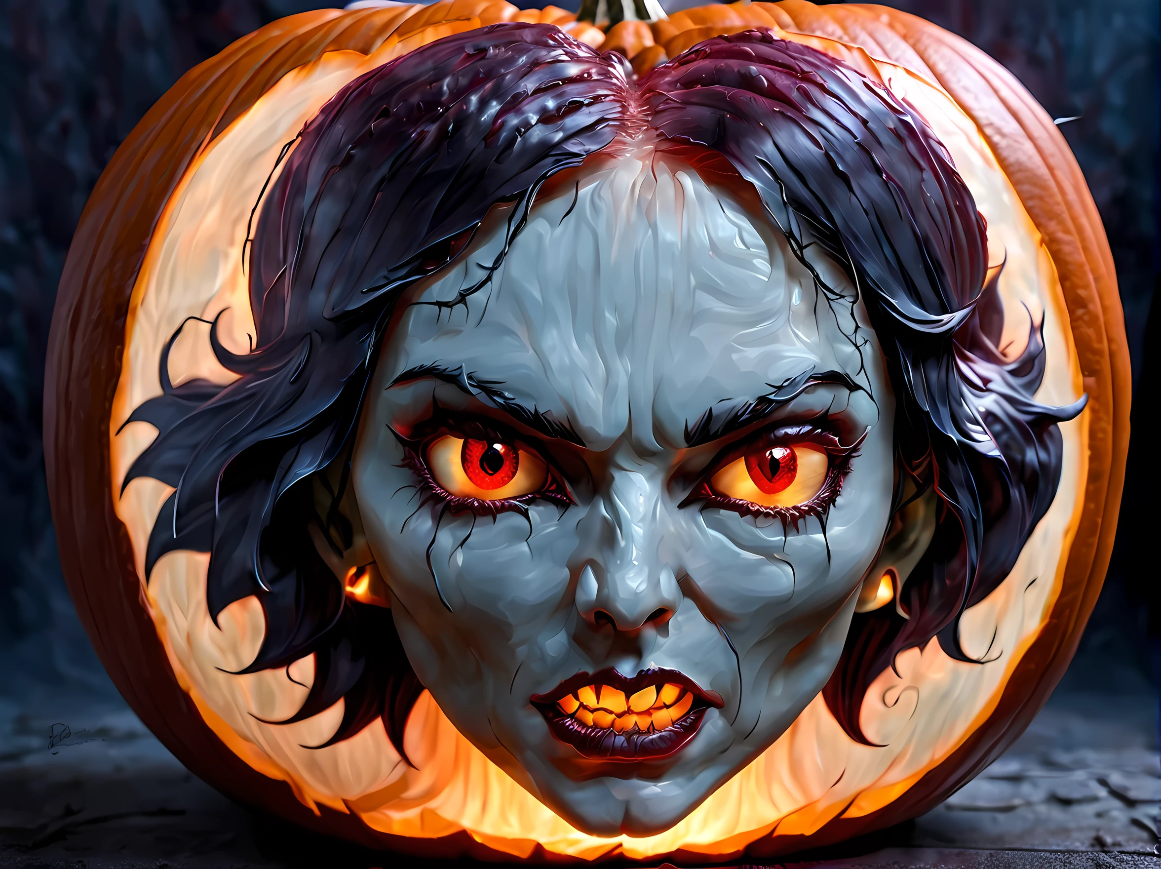 Pumpkin carved art of female vampire carved from pumpkin, glowing red eyes, reflection light, high details, best quality, 16k, [ultra detailed], masterpiece, best quality, (extremely detailed), close up, ultra wide shot, photorealistic, RAW, fantasy art, dnd art, fantasy art, realistic art,((best quality)), ((masterpiece)), (detailed), perfect face