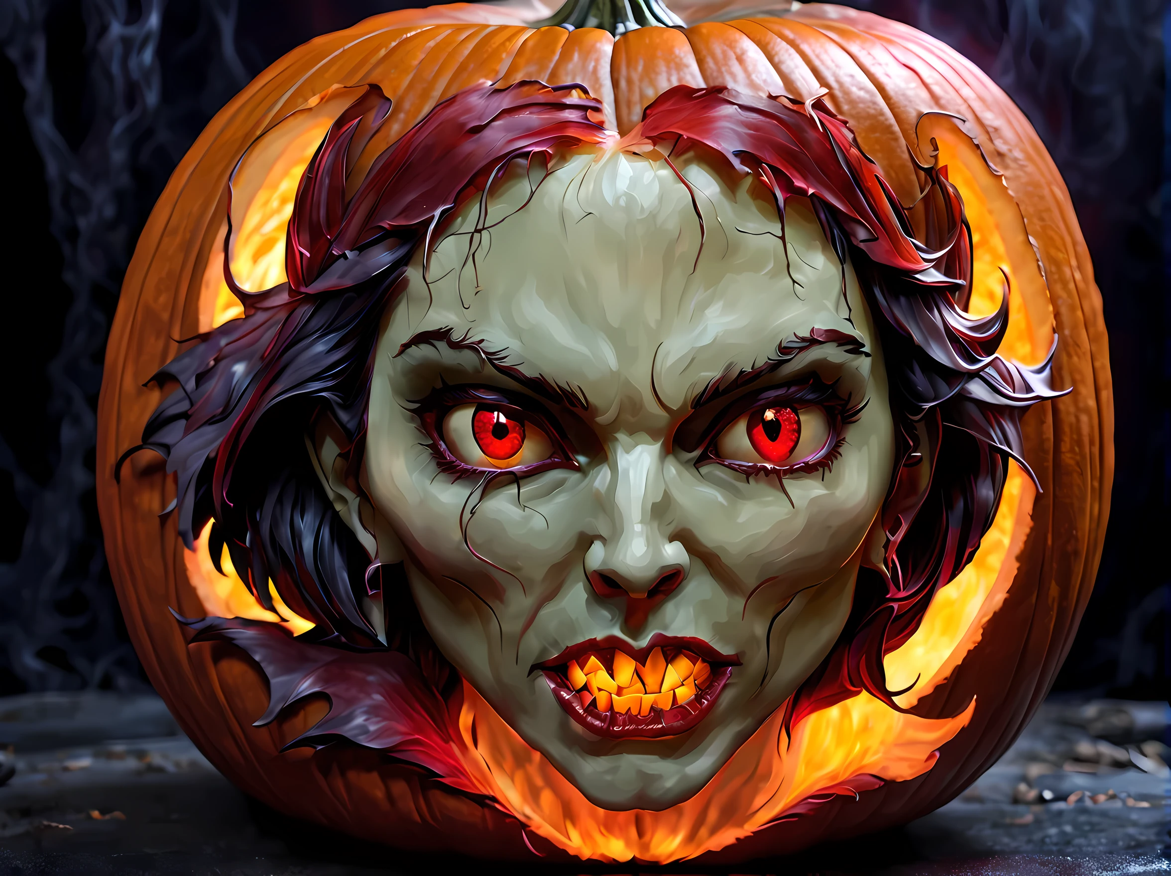 Pumpkin carved art of female vampire carved from pumpkin, glowing red eyes, reflection light, high details, best quality, 16k, [ultra detailed], masterpiece, best quality, (extremely detailed), close up, ultra wide shot, photorealistic, RAW, fantasy art, dnd art, fantasy art, realistic art,((best quality)), ((masterpiece)), (detailed), perfect face