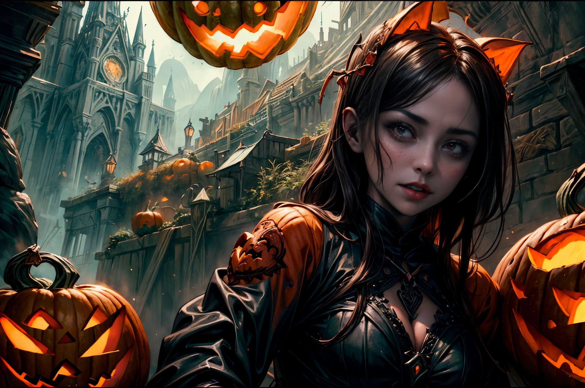 Pumpkin carved art of female vampire carved from pumpkin, glowing red eyes, reflection light, high details, best quality, 16k, [ultra detailed], masterpiece, best quality, (extremely detailed), close up, ultra wide shot, photorealistic, RAW, fantasy art, dnd art, fantasy art, realistic art,((best quality)), ((masterpiece)), (detailed), perfect face