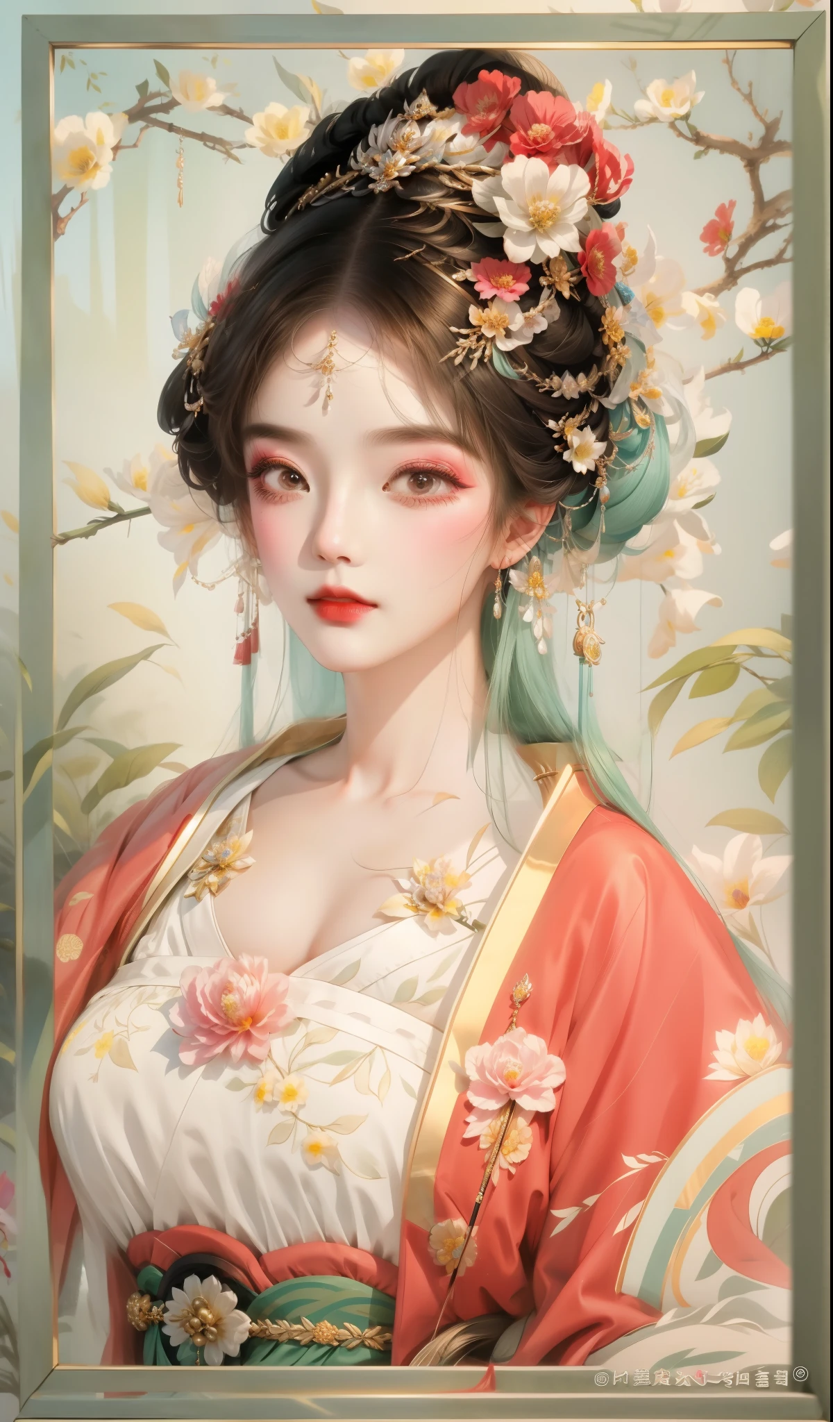세부 사항이 많고 많습니다.，매끄러운 이마，머리에 꽃을 꽂은 여자의 클로즈업, 아름다운 판타지 여왕, 고대 중국 왕자아름다운 환상의 여왕)), 궁전 ， 한푸를 입은 소녀, 란잉에게서 영감을 받은 작품, 중국의 여왕, 고대 아시아 왕조의 공주, 아름다운 인물화, 고대 중국 예술 스타일, Qiu Ying에게 영감을 받아, 중국 공주, 당나라의 아름다운 표현