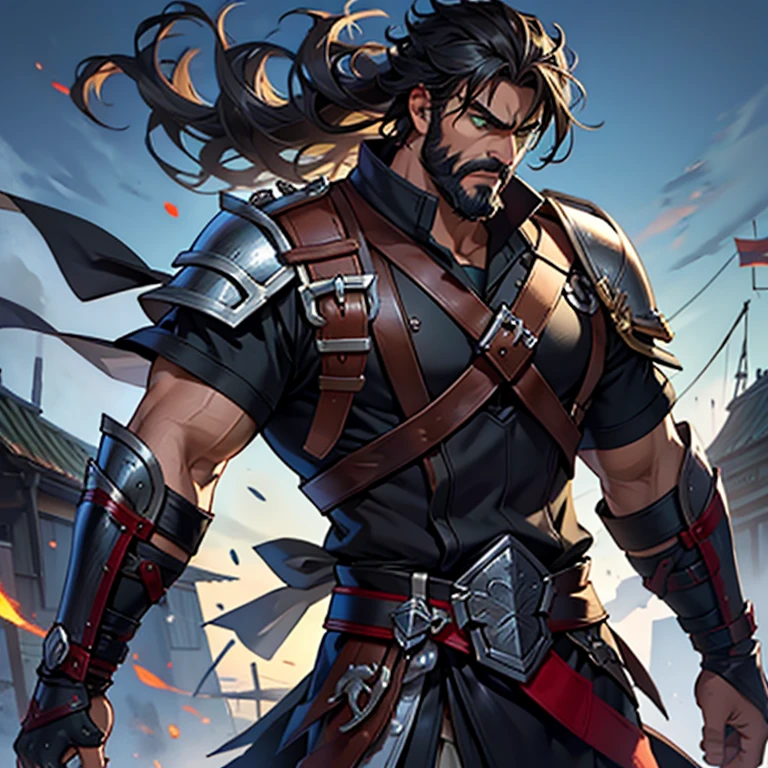 masterpiece, high quality, best quality, beautiful, HD, actual, perfect lighting, Detailed face, detailed body, 1 person, alone, black hair, green eyes, long black beard, brown and worn leather clothing Gladiator style: 1.4), leather breastplate, There  1 wooden spear in hand, war battle background, Gladiator style, muscular man, strong, angry expression,  