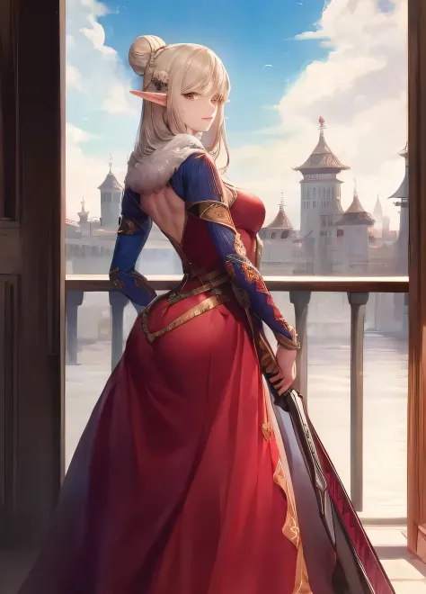 dnd high elf woman, queen dress, longsword, ,hair-bun,palaces,view the viewer(masterpiece, best quality:1.2)