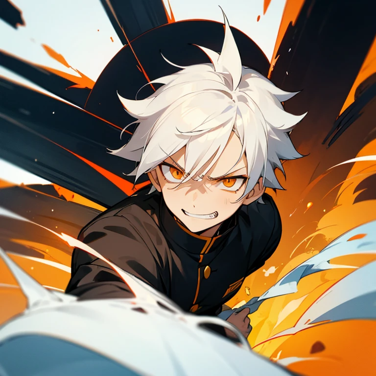 1boy, white hair, orange eyes, wearing black uniform, grin, annoyed face, explosion, detailed eyes, pretty eyes, face focus, smile