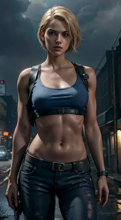 1 blonde girl, cowboy photo from zotovalentine, zombie apocalypse, perfect belly, slim waist, wide hips, holding a pistol, blue ...