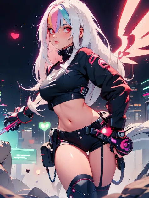 Roxy_Citron_OC,  1girl, solo, red eyes, white hair, rainbow hair, long hair, streaked hair, hair between eyes, Cyberpunk Style, ...