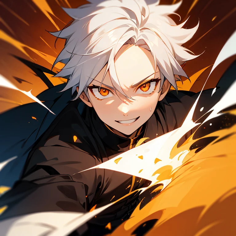 1boy, white hair, orange eyes, wearing black uniform, explosion, detailed eyes, pretty eyes, face focus, smile