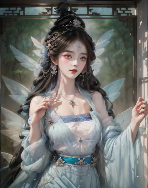 franco-german image of a woman in a blue dress, beautiful fantasy queen, palace ， a girl wearing hanfu, ((beautiful fantasy empe...