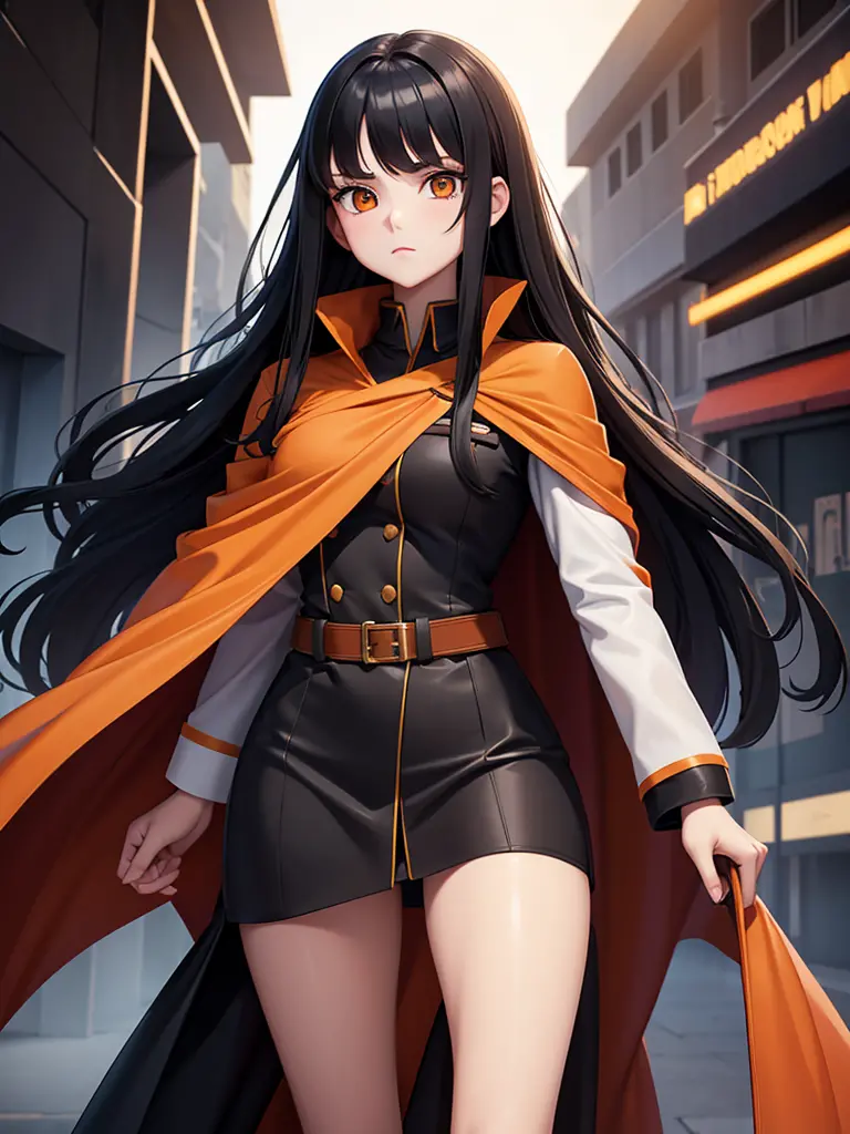 long black-haired white 17-year-old girl wear military suit, orange cape, big hazel eyes, sci-fi, dark mood, charturnerv2