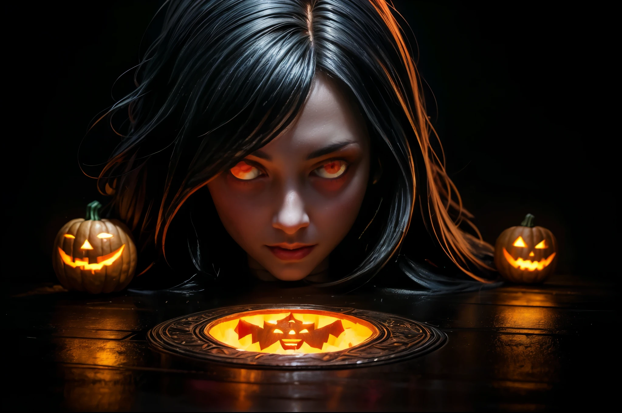 Pumpkin carved art of female vampire carved from pumpkin, glowing red eyes, reflection light, high details, best quality, 16k, [ultra detailed], masterpiece, best quality, (extremely detailed), close up, ultra wide shot, photorealistic, RAW, fantasy art, dnd art, fantasy art, realistic art,((best quality)), ((masterpiece)), (detailed), perfect face