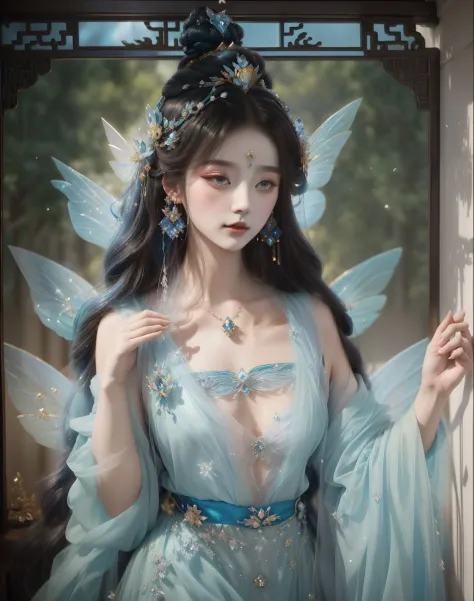 Franco-German image of a woman in a blue dress, beautiful fantasy queen, palace ， A girl wearing Hanfu, ((Beautiful fantasy emperor body fairy, Inspired by Lan Ying, Inspired by Qiu Ying, Inspired by Ma Yuanyu, Inspired by Tang Yifen, Inspired by Li Meihu,...