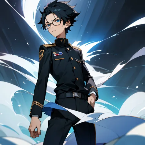 1 boy, black hair, blue eyes, black cloth, handsome, 15 years old kid, wearing uniform, wearing glasses, short hair