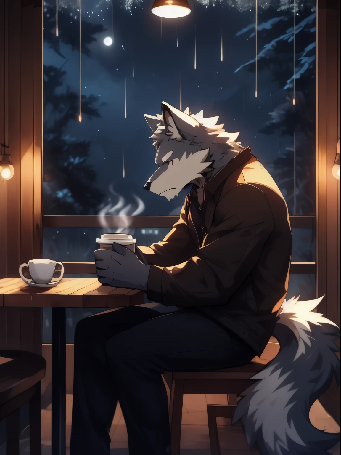 anthro wolf, furry, rain, armed,sad expression,white wolf,, night, handsome, sitting,coffee,coffee shop, masterpiece, casual clothes, 8k, nj5furry